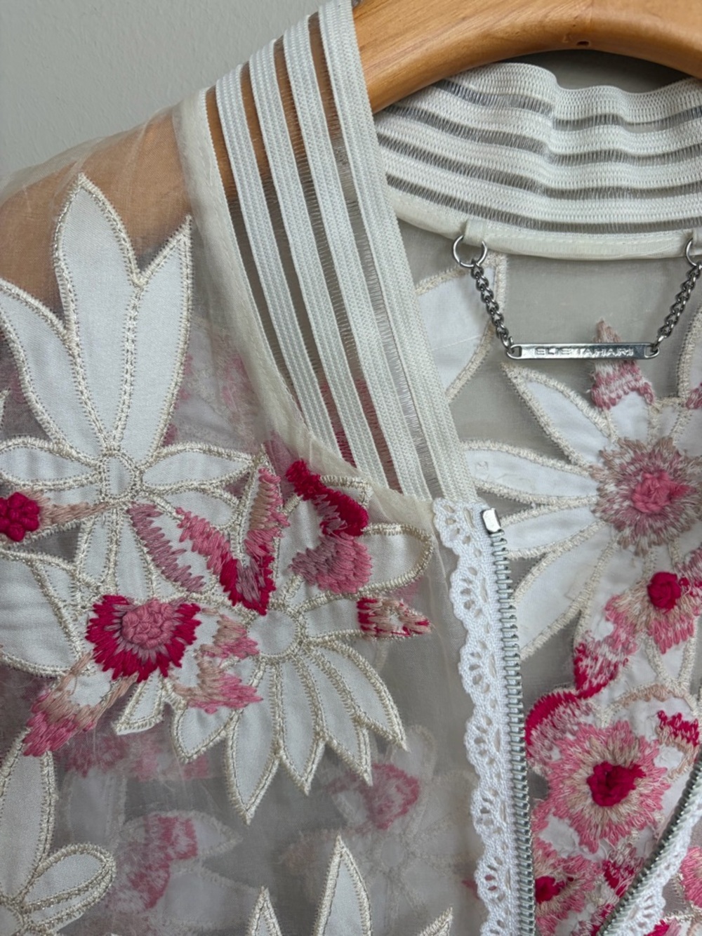 Elie Tahari Sheer Floral Embroidered Bomber Jacket - White & Pink - Picture 4 of 13